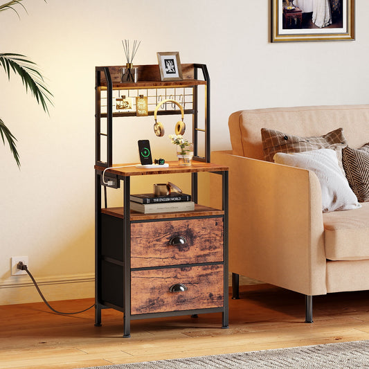 Satifur Tall Nightstand with Hutch, Charging Station, Pegboard & Drawers,Multifunctional Bedside Table with USB Ports, Rustic Brown