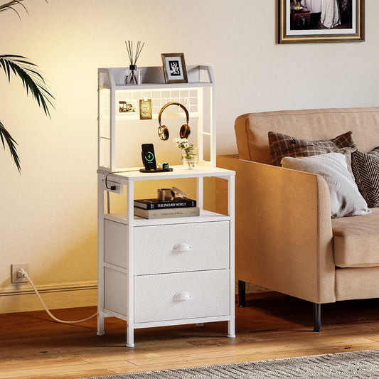 Satifur Tall Nightstand with Hutch, Charging Station, Pegboard & Drawers,Multifunctional Bedside Table with USB Ports,White