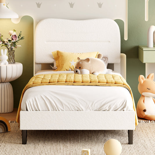 Satifur Twin Bed Frame with Teddy Velvet Soft Curved Headboard, Platform Bed Easy Assembly, Noise-Free, White