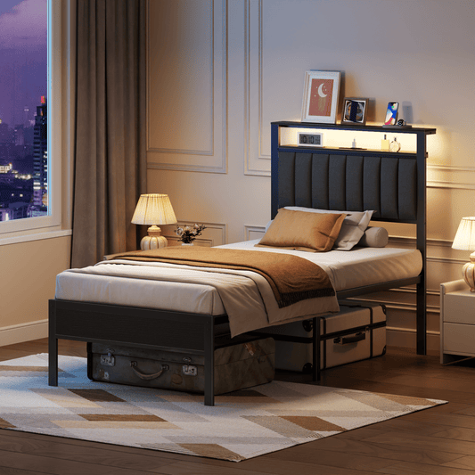 Satifur Twin LED Bed Frame with Smart RGB Lights, Headboard Charging Station, Versatile Storage Solution, Comfortable Upholstered Backrest, No Box Spring Needed