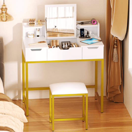 Satifur Vanity Desk 2 in 1 Design with Mirror and Charging Station Makeup Table with Chair and Storage Space