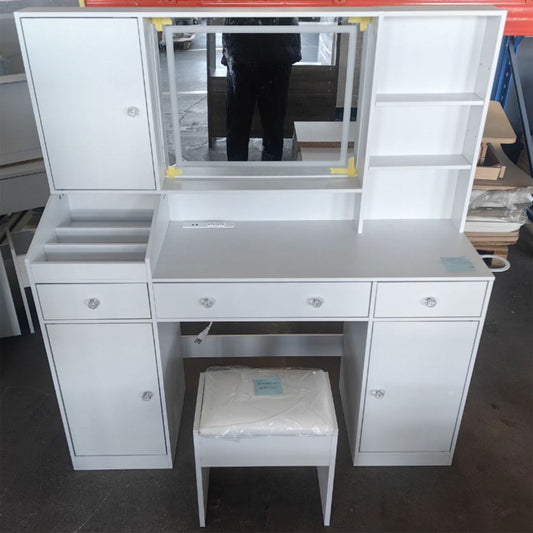 Satifur Vanity Desk Set with Mirror, LED Lights & Outlet, Adult Makeup Table with Jewelry Cabinet, Storage Drawers & Stool