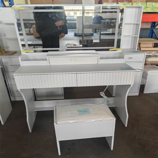 Satifur Vanity Desk Set with Mirror & Lights, Fluted Makeup Dressing Table with Outlets & Storage Drawers