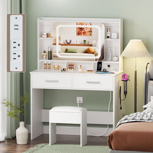 Satifur Vanity Desk with Slide Mirror and Lights, White Makeup Vanities Table and Stool Set with Charging Station and Drawers for Bedroom