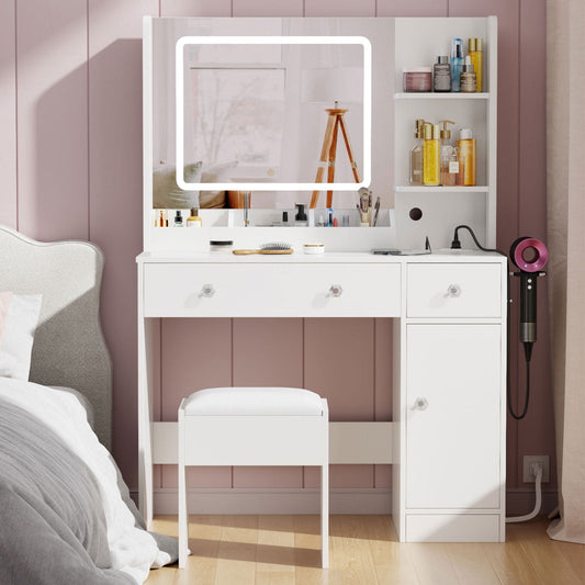 Satifur Vanity Set with Mirror & Lights, Women Makeup Table with Charging Station, Sturdy Dressing Desk with Drawers & Stool