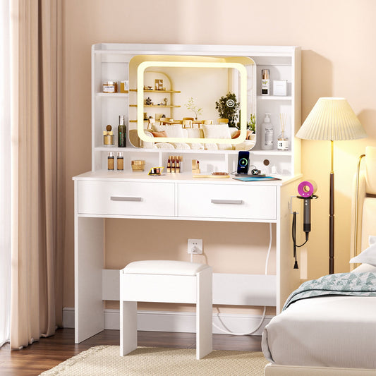 Satifur Vanity Set with Sliding Mirror & Lights, Women Dressing Table with Outlets, Makeup Vanity Desk with Drawers & Stool