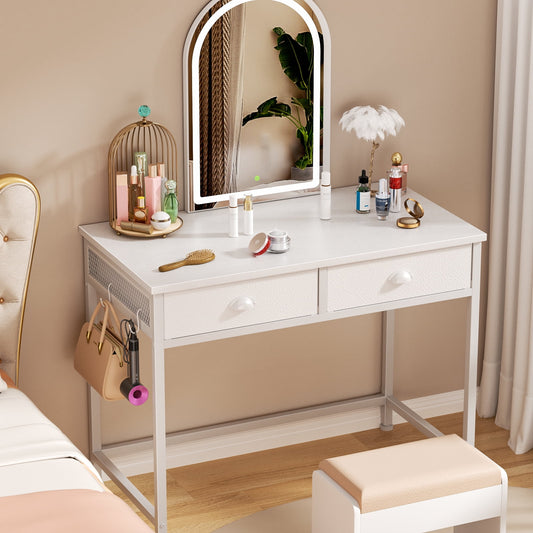 Satifur Vanity Desk Without Mirror, Makeup Vanity with Drawers & Hooks for Bedroom, Simple Home Office Computer Desk for Small Spaces, White