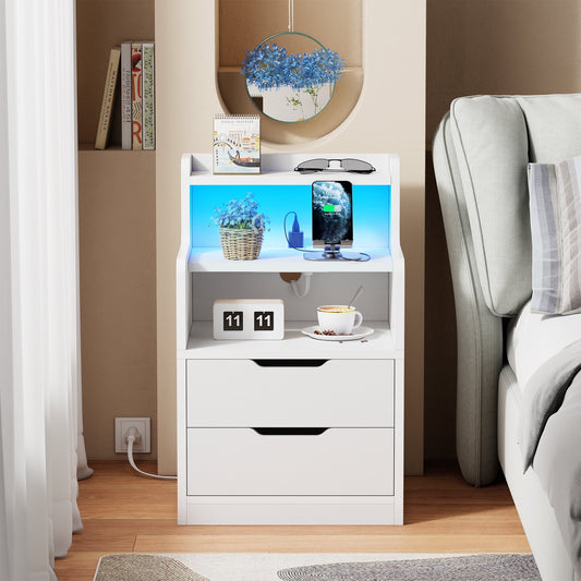 Satifur White Nightstand with Charging Station,LED Nightstand with 2 Drawers Bed Side Table,White