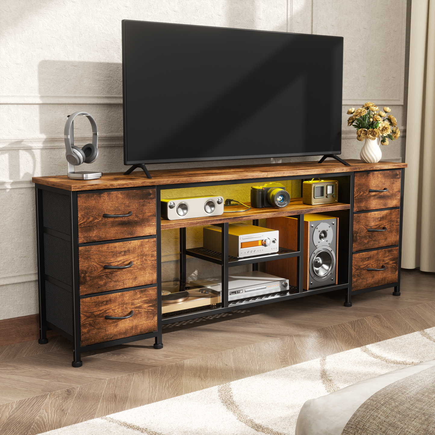 Tydimor Modern TV Stand for TVs up to 65", LED Entertainment Center with Power Outlets and 6 Drawers, Media Console with Storage for Living Room, Rustic Brown