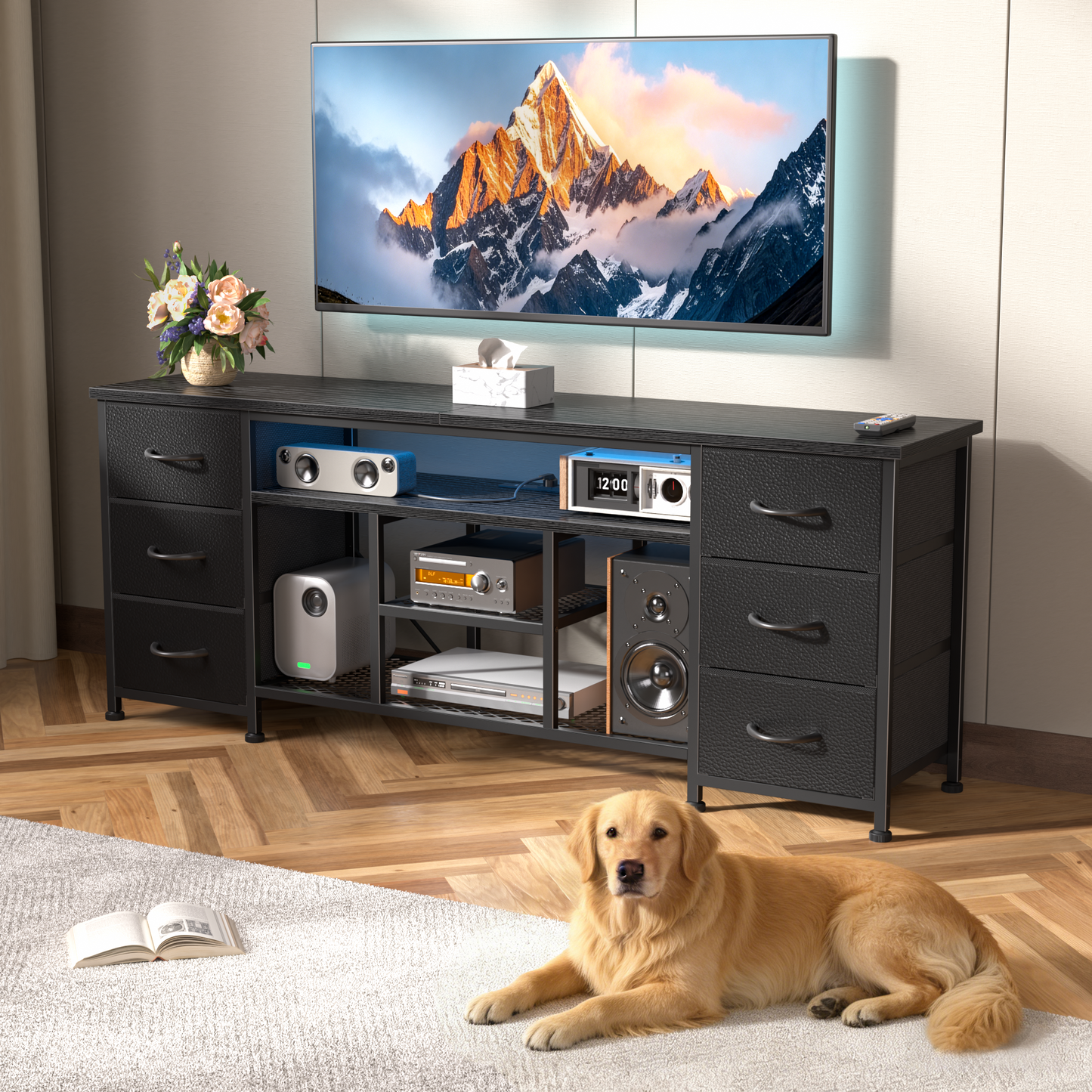 Tydimor Modern TV Stand for TVs up to 60", LED Entertainment Center with Power Outlets and 6 Drawers, Media Console with Storage for Living Room, Black