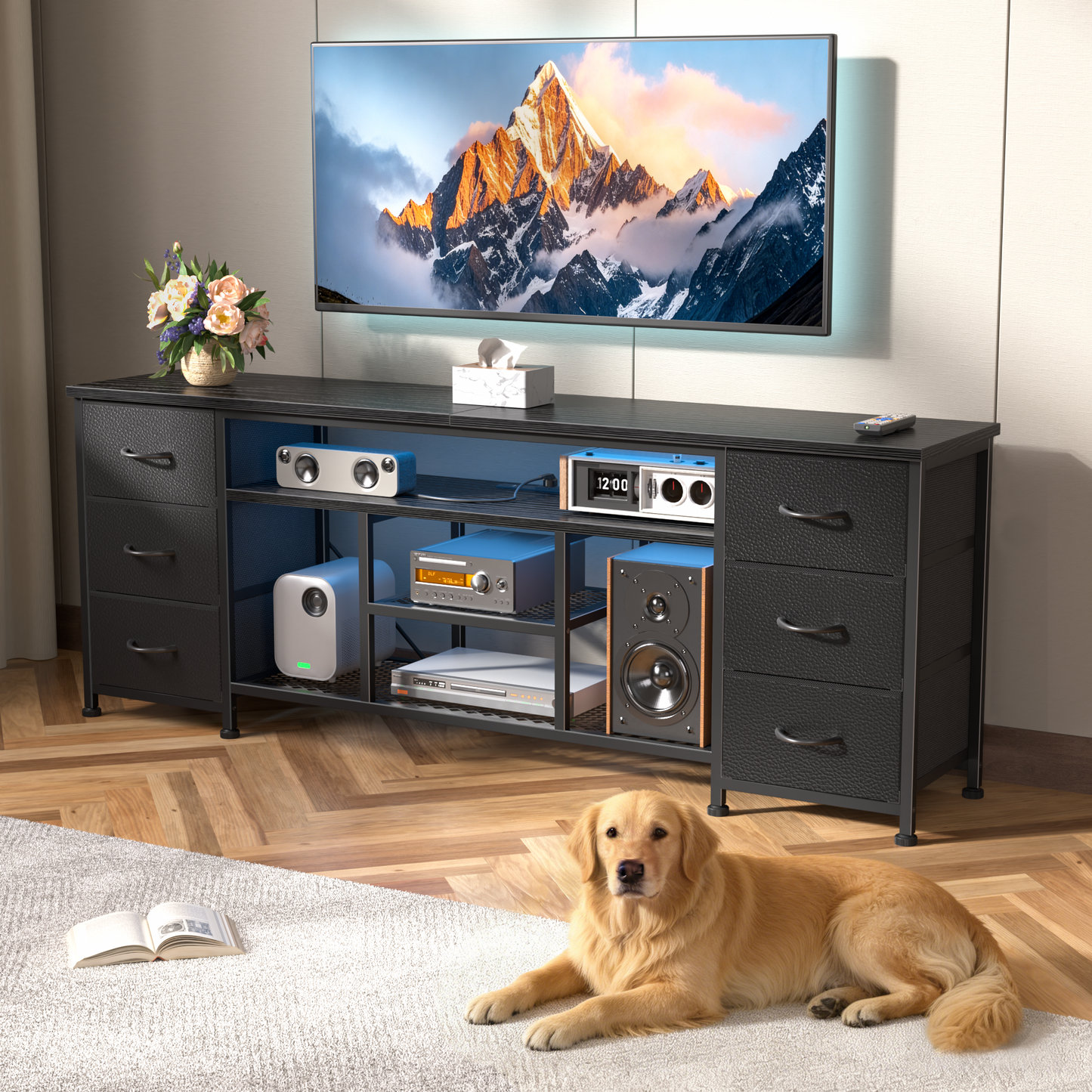 Tydimor Modern TV Stand for TVs up to 65", LED Entertainment Center with Power Outlets and 6 Drawers, Media Console with Storage for Living Room, Black