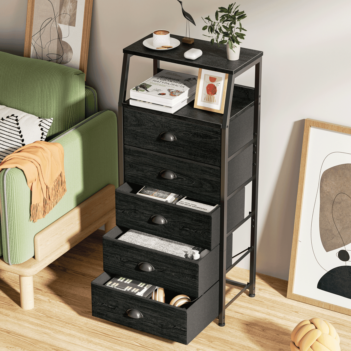 TYDIMOR Fabric Dresser for Bedroom, 5 Drawer Chest of Drawers, Black, Ideal for Adults