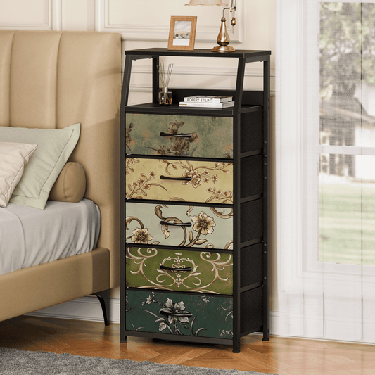 TYDIMOR Fabric Dresser for Bedroom, 5 Drawer Chest of Drawers, Retro Flower, Ideal for Adults