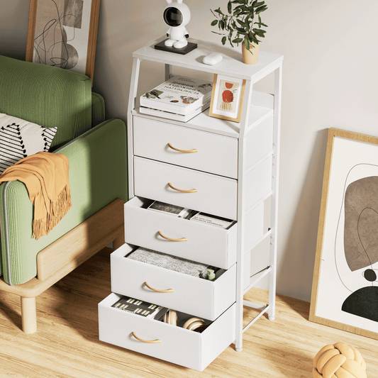 TYDIMOR Fabric Dresser for Bedroom, 5 Drawer Chest of Drawers, White, Ideal for Adults