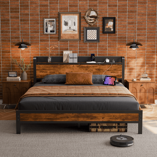 Tydimor Queen RGB LED Strip Platforrm Bed Frames with Headboard Metal, Storage Shelves & Underbed, Niose Free, No Box Spring Needed