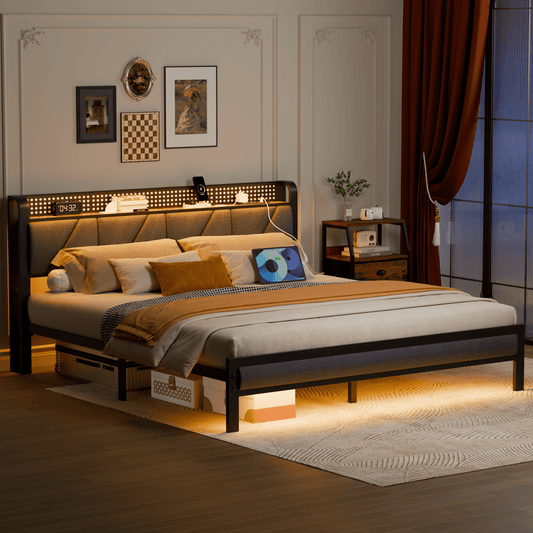 Tydimor Full Size Metal Smart Bed Frames with Upholstered Headboard, LED Lights, USB Ports and Outlets, Storage Shelves & Underbed
