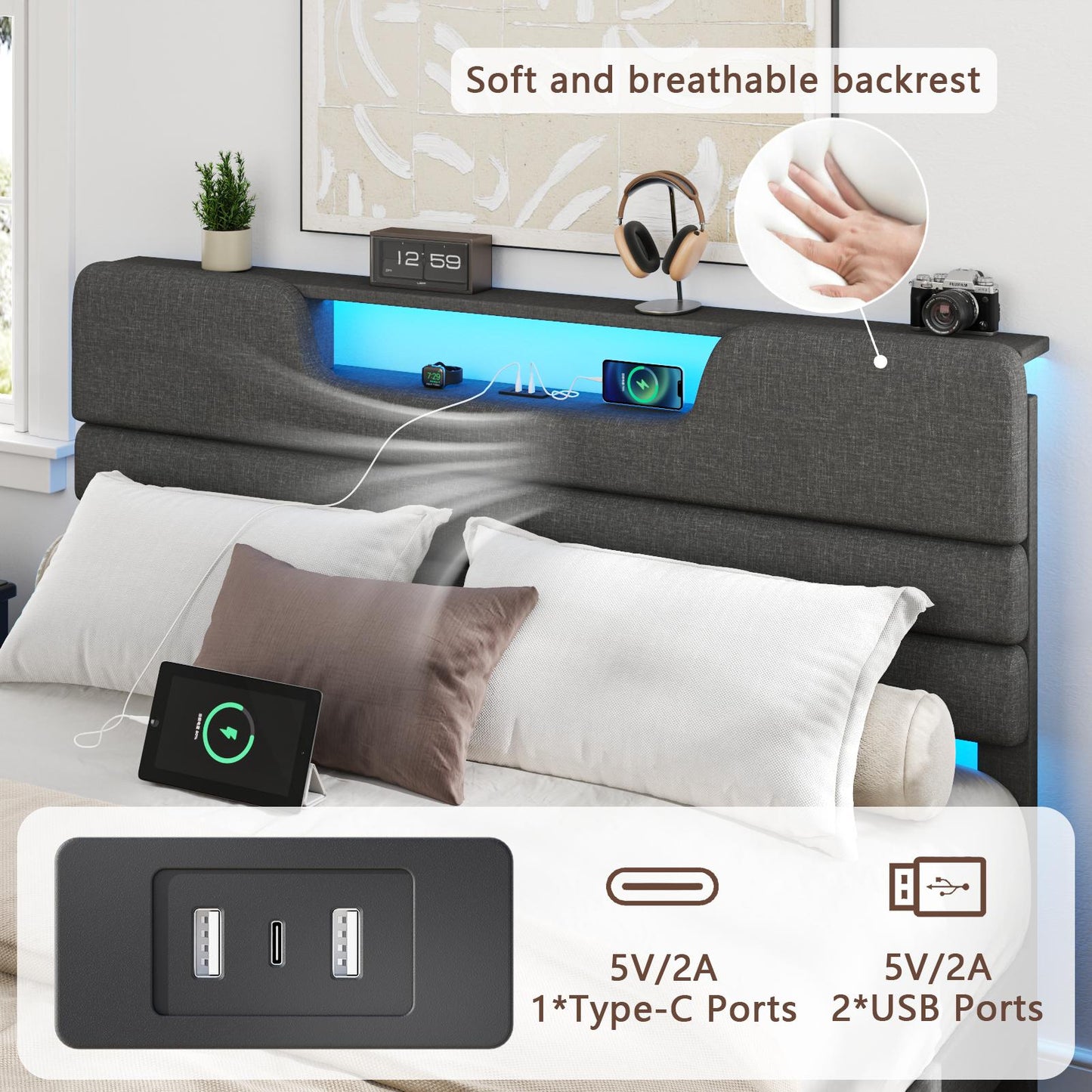 Satifur Dark Gray Bed Frame with Charge Station, Queen Size Bed Frame with LED Lights & Upholstered Headboard, No Box Spring Needed, Linen Fabric