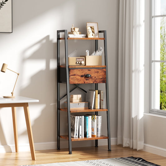 Tydimor 4-Tier 47.6"H Ladder Bookshelf with Removable Drawers Narrow Bookcase for Living Room,Rustic Brown