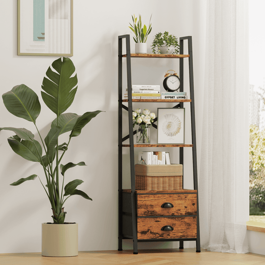 Tydimor 4-Tier 52"H Industrial Bookshelf with 2 Removable Drawers Narrow Bookcase for Living Room,Rustic Brown