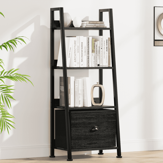 Tydimor 4-Tier Ladder Bookshelf With Drawer, Leaning Bookcase Storage Display Shelf, Black Oak
