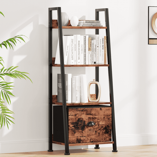 Tydimor 4-Tier Ladder Bookshelf With Drawer, Leaning Bookcase Storage Display Shelf,Rustic Brown