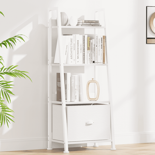 Tydimor 4-Tier Ladder Bookshelf With Drawer, Leaning Bookcase Storage Display Shelf, White