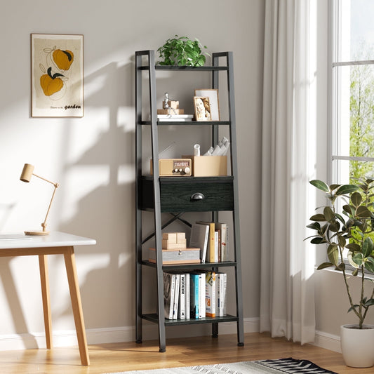 Tydimor 5-Tier 59.5" Ladder Bookshelf with Removable Drawers Narrow Bookcase for Living Room,Black Oak