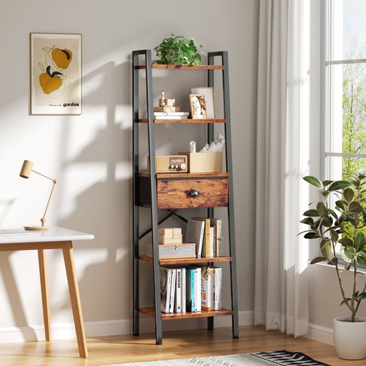 Tydimor 5-Tier 59.5" Ladder Bookshelf with Removable Drawers Narrow Bookcase for Living Room,Rustic Brown