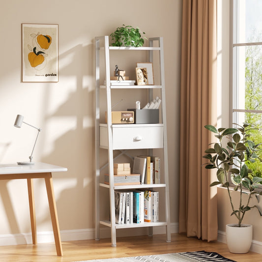 Tydimor 5-Tier 59.5" Ladder Bookshelf with Removable Drawers Narrow Bookcase for Living Room,White