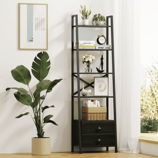 Tydimor 5-Tier 64"H Industrial Bookshelf with 2 Removable Drawers Narrow Bookcase for Living Room,Black Oak