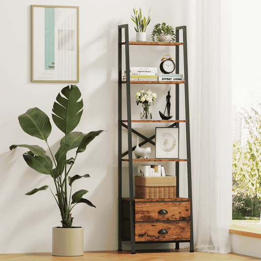 Tydimor 5-Tier 64"H Industrial Bookshelf with 2 Removable Drawers Narrow Bookcase for Living Room,Rustic Brown
