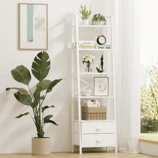 Tydimor 5-Tier 64"H Industrial Bookshelf with 2 Removable Drawers Narrow Bookcase for Living Room,White