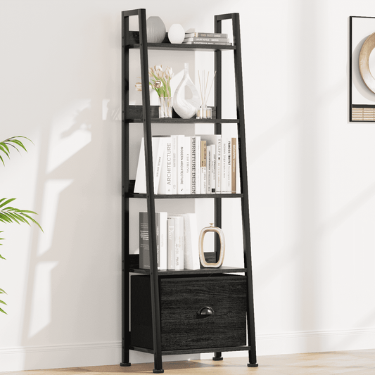 Tydimor 5-Tier Ladder Bookshelf With Drawer, Leaning Bookcase Storage Display Shelf, Black Oak