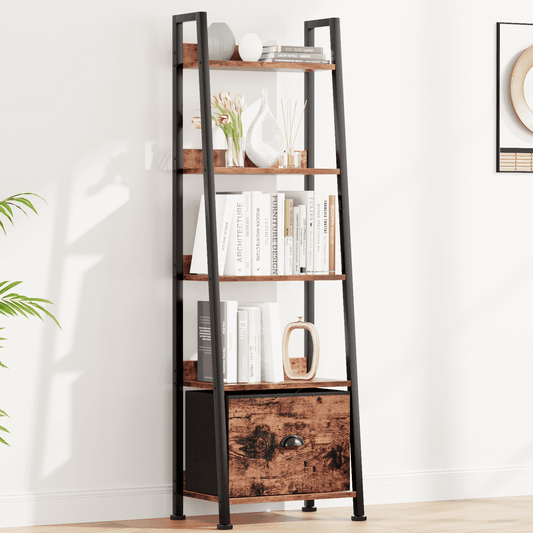 Tydimor 5-Tier Ladder Bookshelf With Drawer, Leaning Bookcase Storage Display Shelf,Rustic Brown