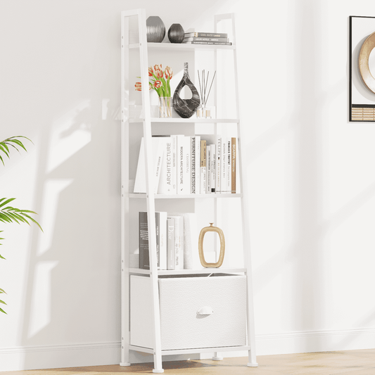 Tydimor 5-Tier Ladder Bookshelf With Drawer, Leaning Bookcase Storage Display Shelf, White