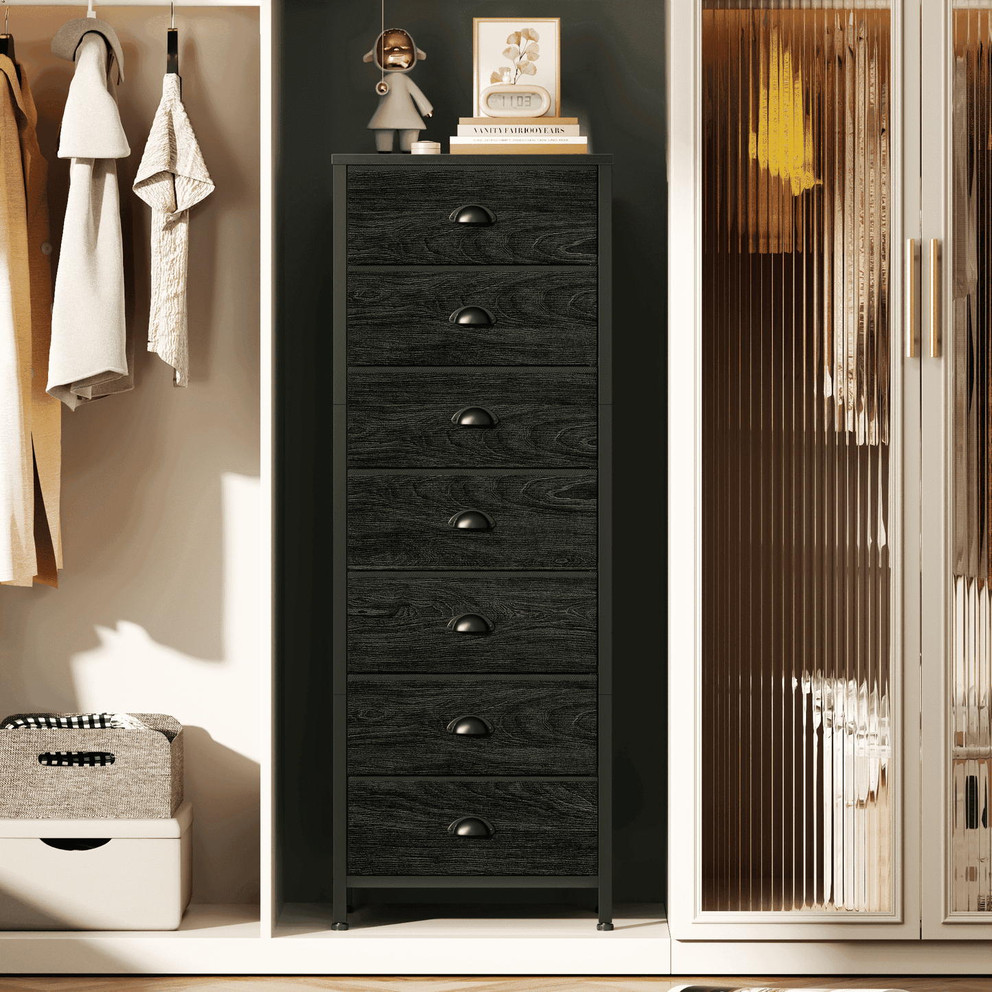Tydimor 7-Drawer Tall Dresser Bedside Fabric Nightstand with Storage,Black Oak