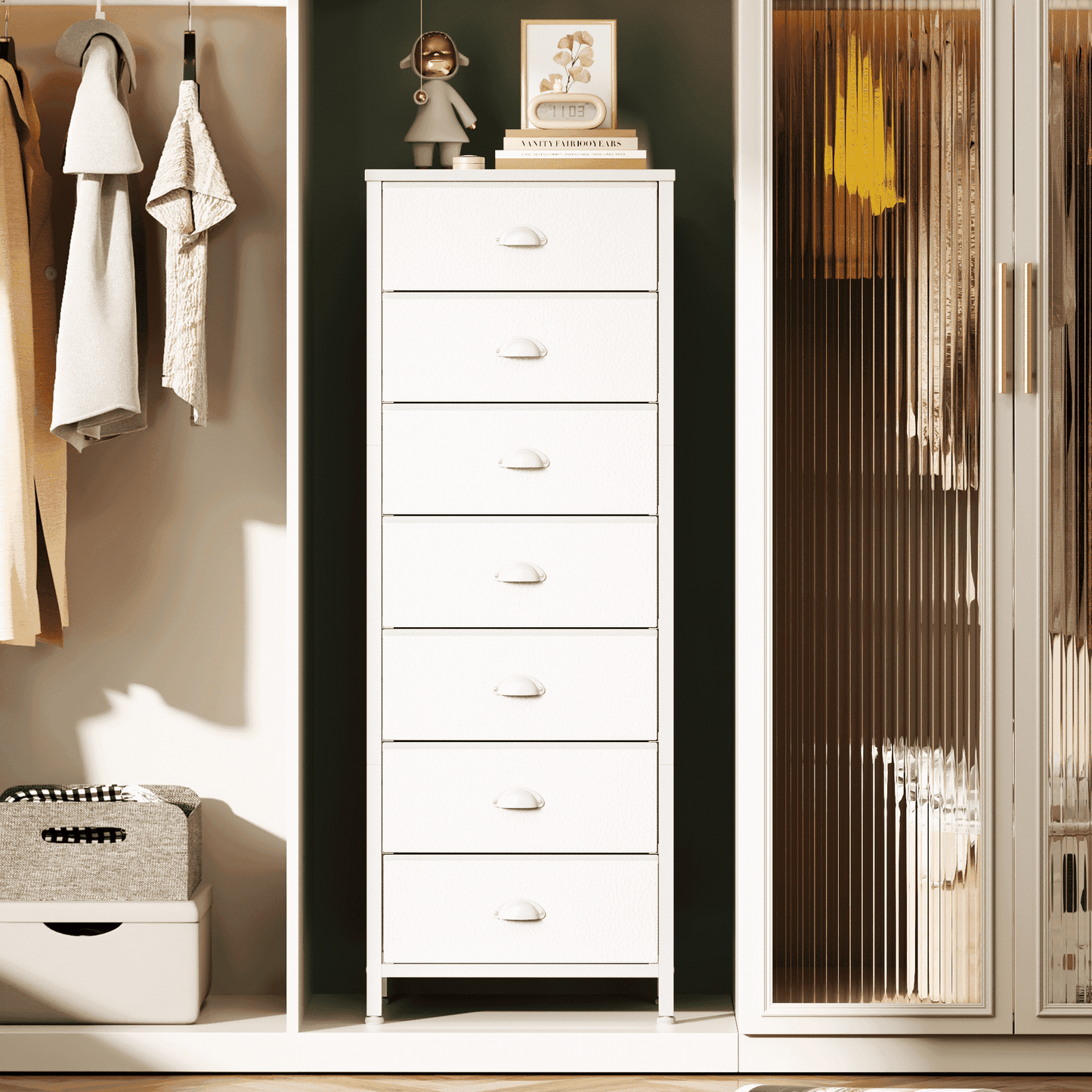 Tydimor 7-Drawer Tall Dresser Bedside Fabric Nightstand with Storage,White