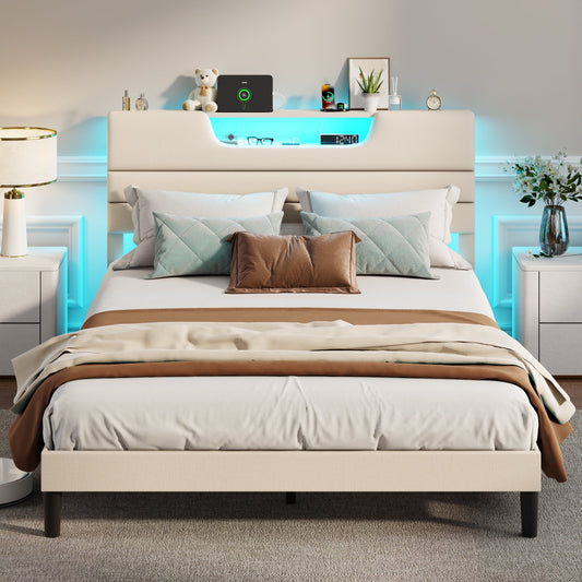 Tydimor Beige Fine Linen Fabric Bed Frame with Upholstered Headboard & Charge Station, Full Size Bed Frame with LED Lights, No Box Spring Needed