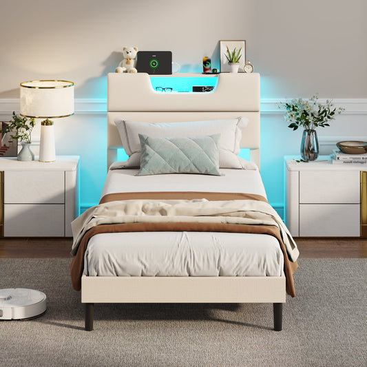 Tydimor Beige Fine Linen Fabric Bed Frame with Upholstered Headboard & Charge Station, Twin Size Bed Frame with LED Lights, No Box Spring Needed