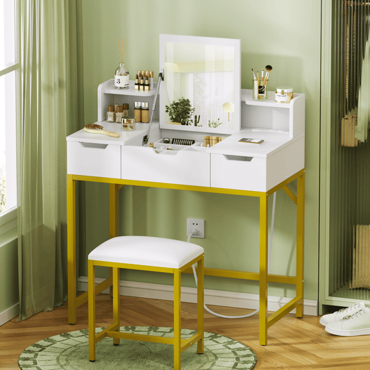 Tydimor Flip-top Vanity Set, Women Dressing Table with Outlets, Makeup Vanity Desk with Mirror, Drawers & Stool