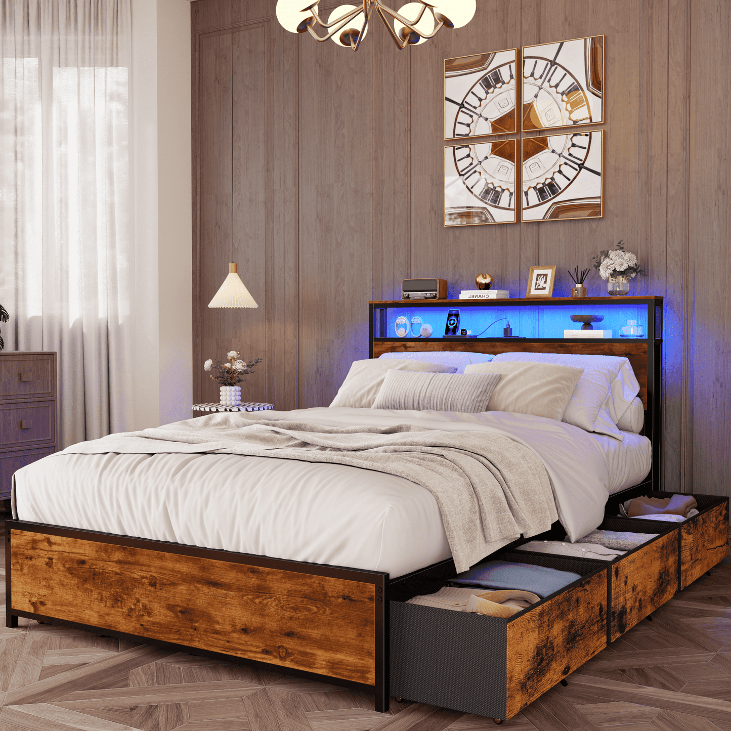 Tydimor Full Bed Frame with 6 Storage Drawers, Metal Platform Bed Frame with 2-Tier Storage Headboard & LED, Built in Charging Station, Noise-Free, No Box Spring Needed, Rustic Brown