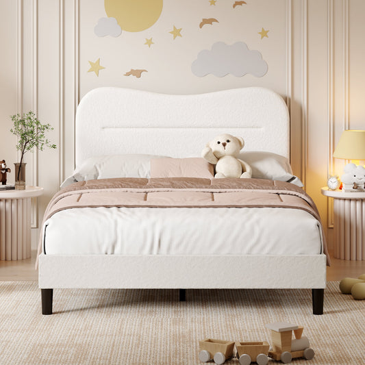 Tydimor Full Bed Frame with Teddy Velvet Soft Curved Headboard, Platform Bed with Wooden Slats Support, Easy Assembly, Noise-Free, White
