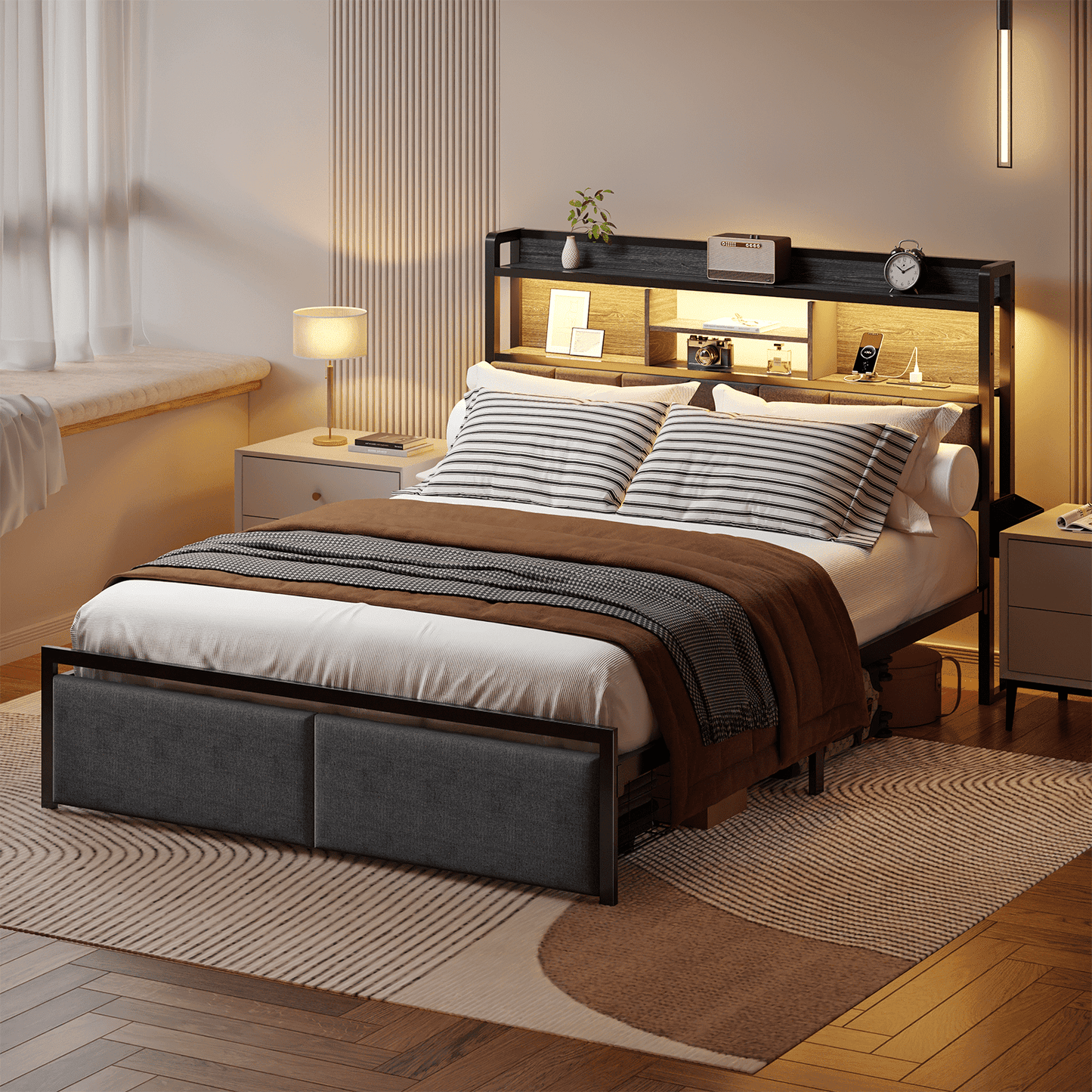 Tydimor Twin Size Metal Smart Bed Frames with Upholstered Headboard, LED Lights, USB Ports and Outlets, Storage Shelves & Underbed