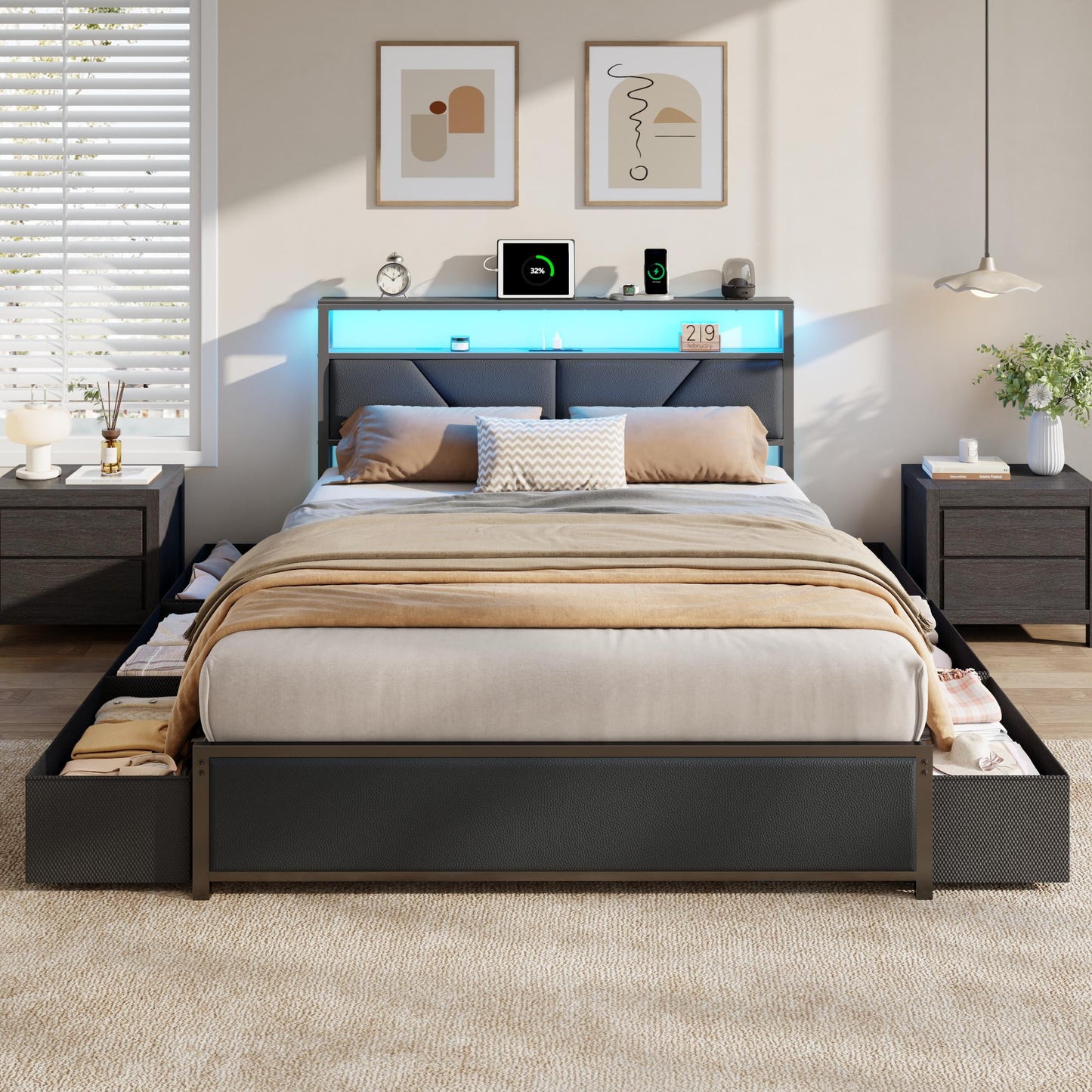 Tydimor Queen Bed Frame with 6 Storage Drawers, Metal Platform Bed Frame with 2-Tier Storage Upholstered Headboard & LED, Built in Charging Station, Noise-Free, No Box Spring Needed, Black