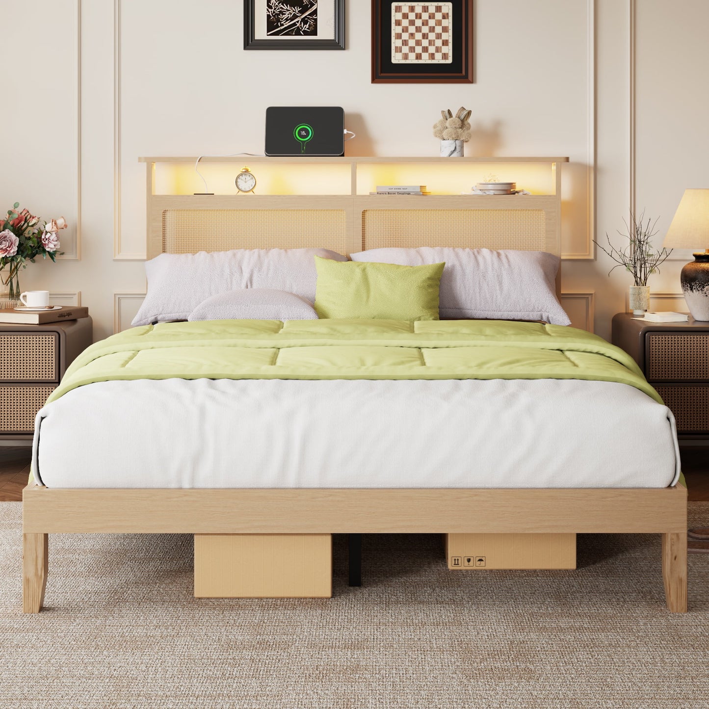 Tydimor Queen Bed Frame with Headboard & Bookcase Storage Shelf, Rattan Beds with Charging Station and LED Lights, No Box Spring Needed