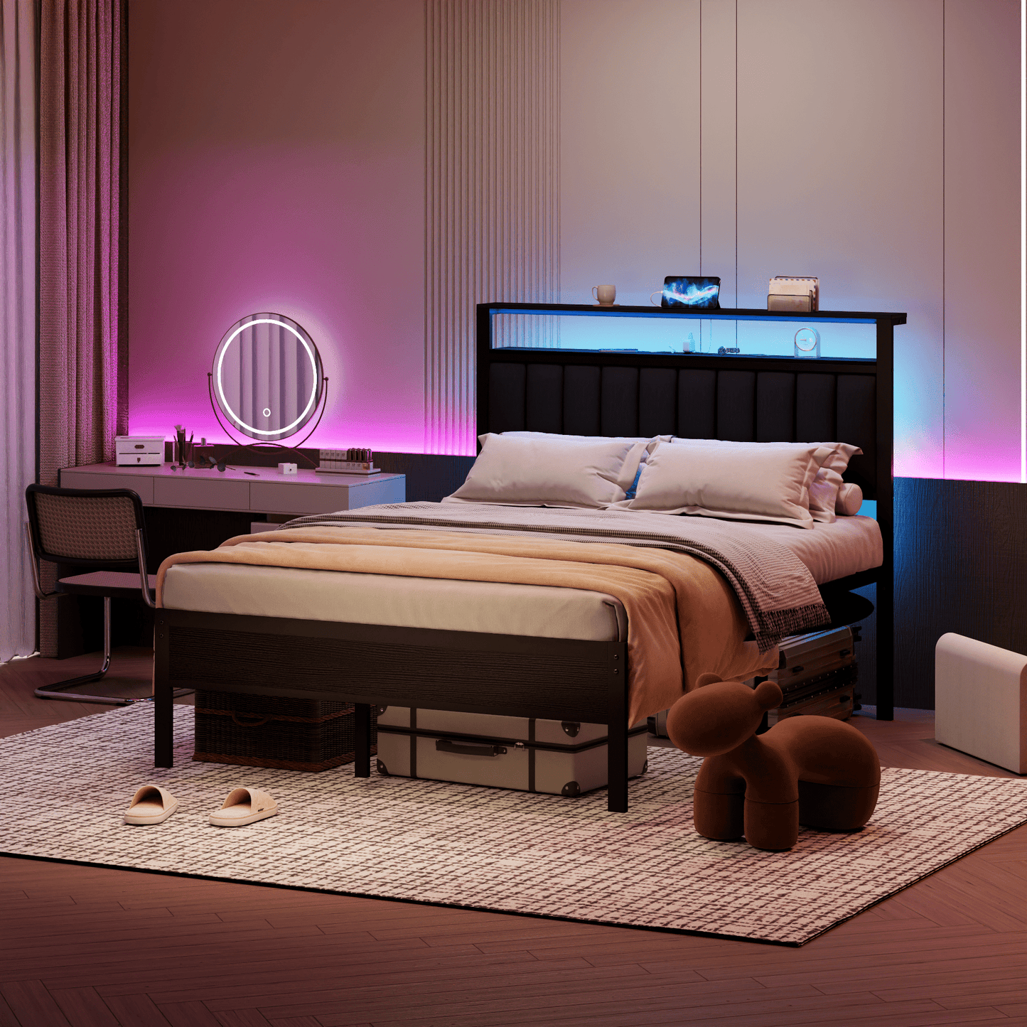 Tydimor King Size Metal Smart Bed Frames with Upholstered Headboard, LED Lights, USB Ports and Outlets, Storage Shelves & Underbed
