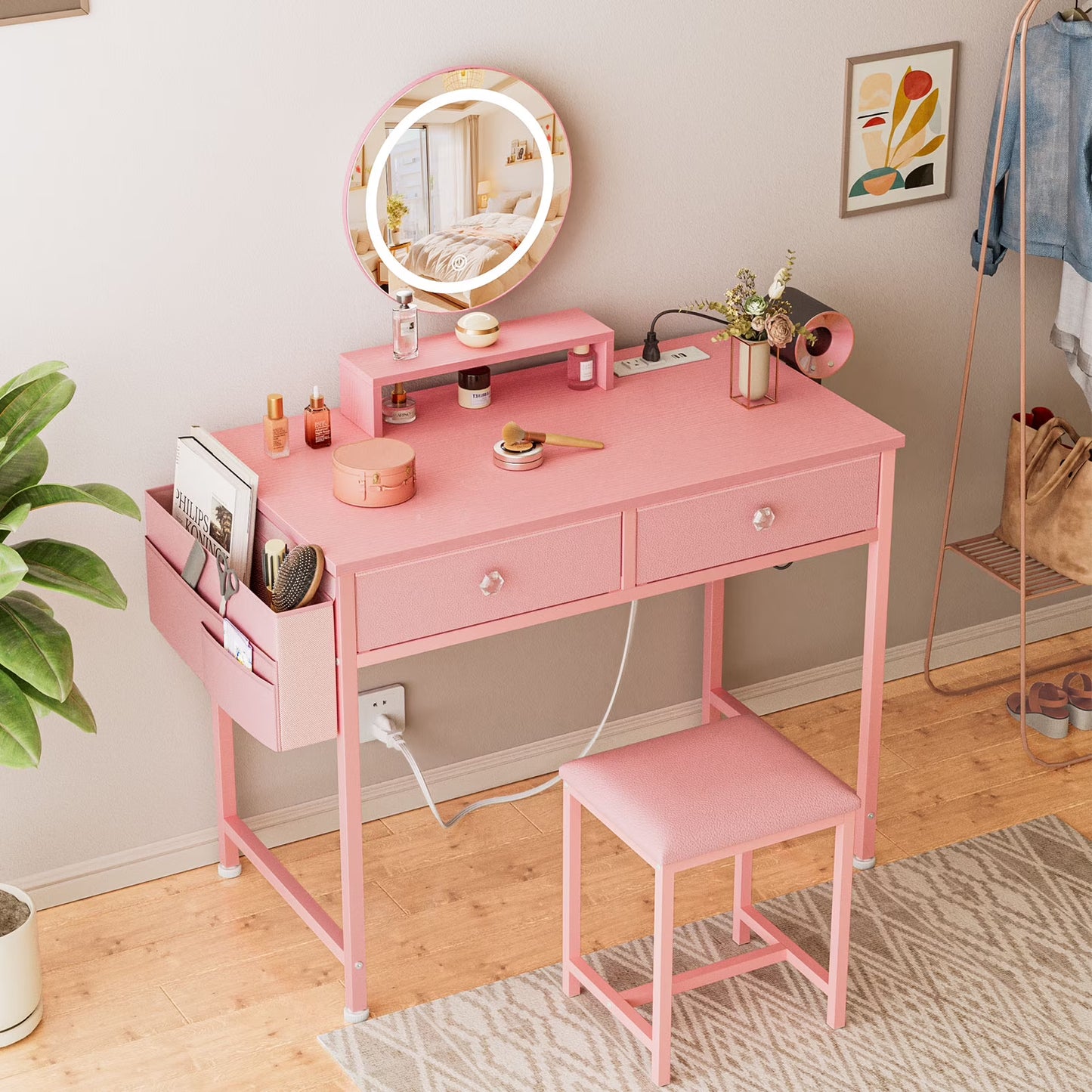 Tydimor Vanity Desk with Mirror & Lights, GRWM Vanity with Drawers & Storage Shelves, Makeup Dressing Table with Stool & Charging, Pink