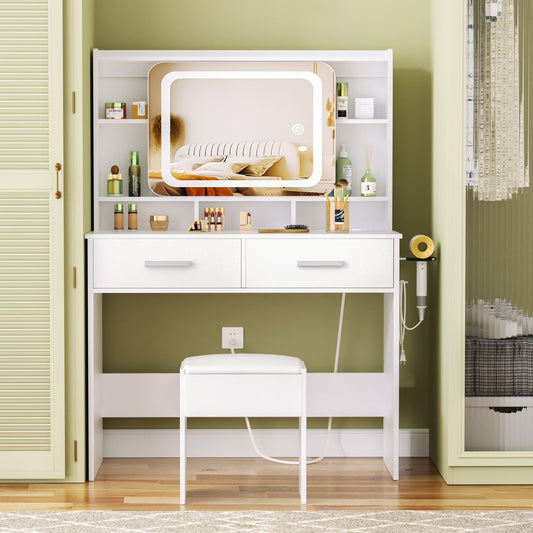 Tydimor Vanity Set with Sliding Mirror & Lights, Women Dressing Table with Outlets, Makeup Vanity Desk with Drawers & Stool