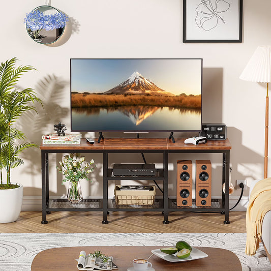 Tydimor Vintage TV Stand for TVs up to 55" TVs with Open Storage Shelves Metal Frame, Light Black OAk