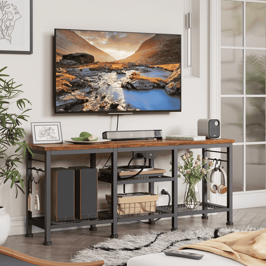 Tydimor Vintage TV Stand with Power Outlet for TVs up to 55" TVs with Open Storage Shelves and Metal Frame, Rustic Brown